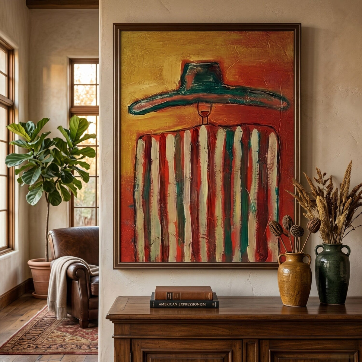 Bandito Western cowboy abstract plaster wall art featuring a vibrant figure with rich impasto oil texture