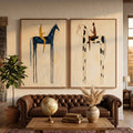 Voyagers Abstract figure canvas diptych set featuring tall blue and spotted rider paintings by Parge Art.