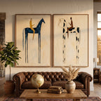 Voyagers Abstract figure canvas diptych set featuring tall blue and spotted rider paintings by Parge Art.