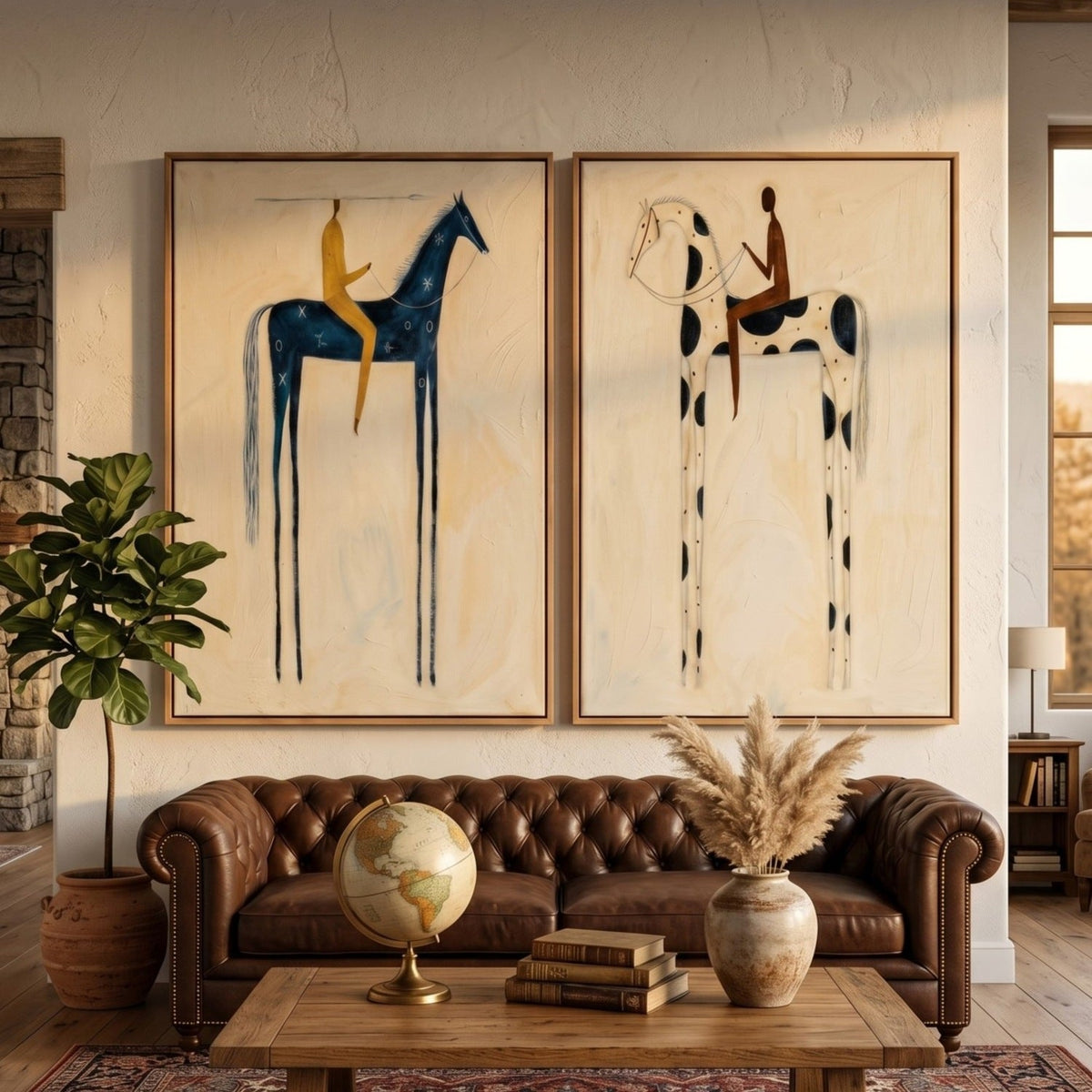 Voyagers Abstract figure canvas diptych set featuring tall blue and spotted rider paintings by Parge Art.