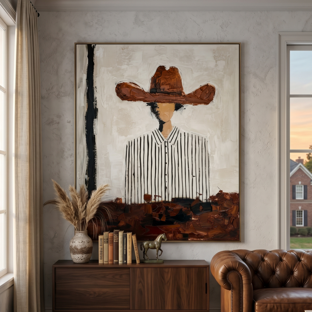 Maverick vintage cowboy portrait textured wall art featuring abstract man in brown hat canvas by Parge Art.