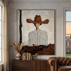 Maverick vintage cowboy portrait textured wall art featuring abstract man in brown hat canvas by Parge Art.