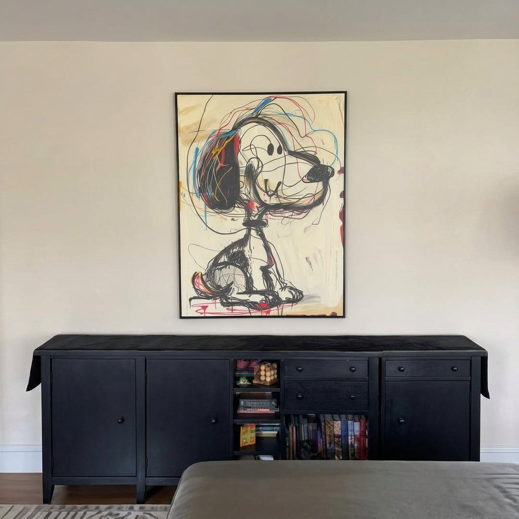 Colorful abstract dog graffiti wall hanging inside a creative office or luxury bedroom