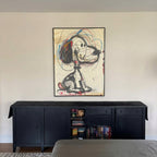 Colorful abstract dog graffiti wall hanging inside a creative office or luxury bedroom