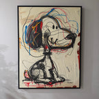 A framed abstract painting of Snoopy sitting down, rendered in black sketch lines with red, blue, orange, and yellow paint splatters on a cream background, hanging on the children's room wall.