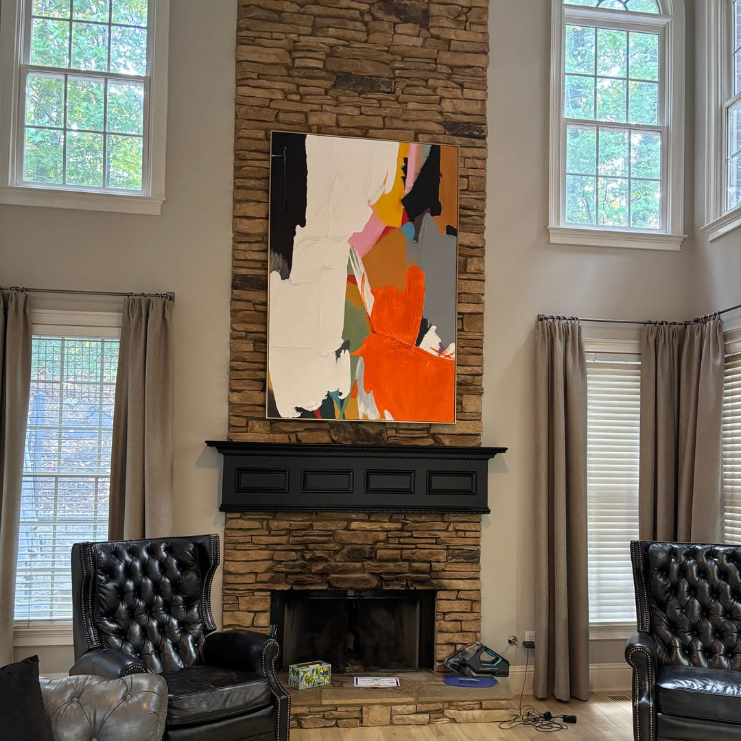 contemporary bedroom headboard wall decoration ideas featuring bold orange textured art