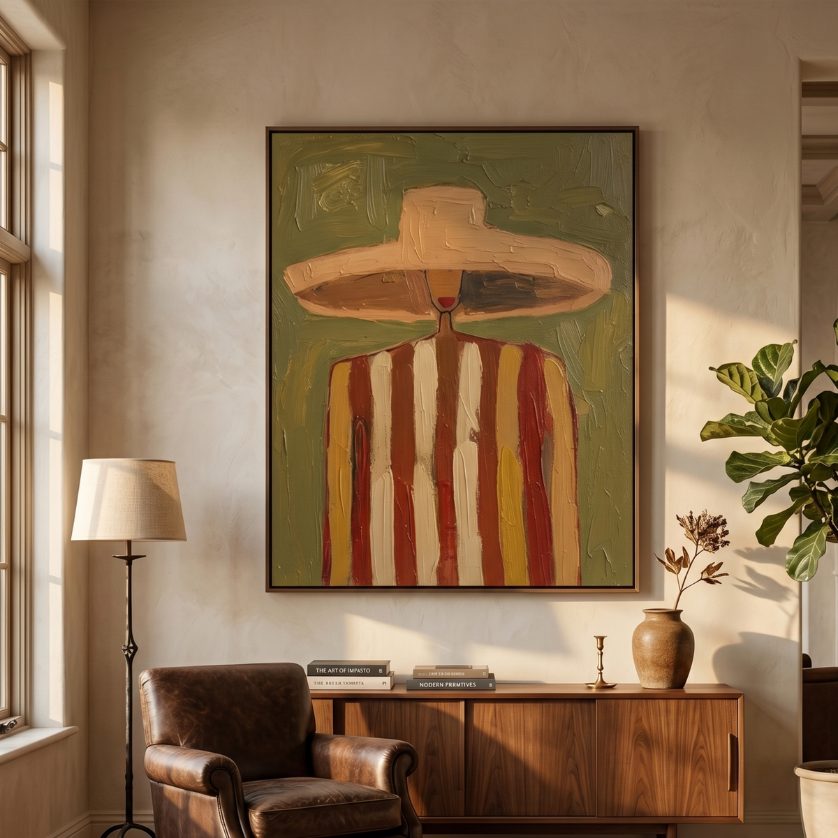 Textured Western portrait canvas wall decor framed above an oak dresser in a quiet master bedroom