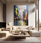 Detailed macro view showcasing the artisan plaster brushstrokes and thick 3D knife paint layers on the fine art piece
