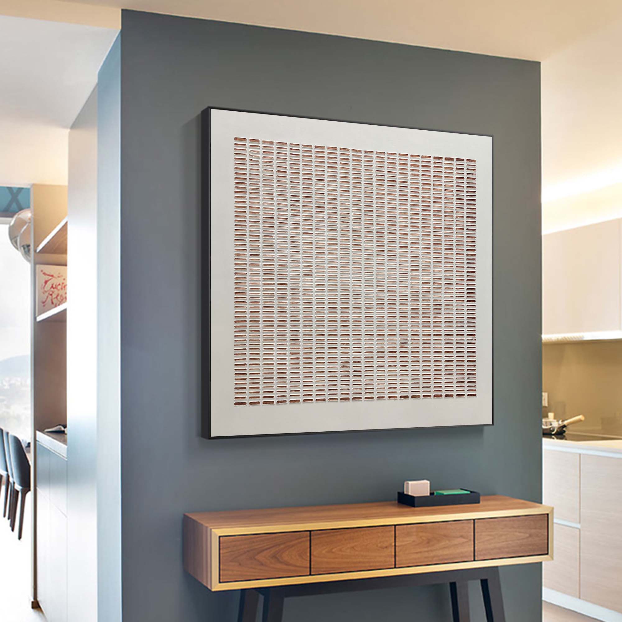 Contemporary minimalist block pattern art piece enhancing a chic neutral-toned dining room gallery wall.