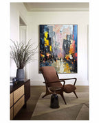 Eye-catching abstract geometric impasto artwork creating an elegant statement wall over a master bed setup