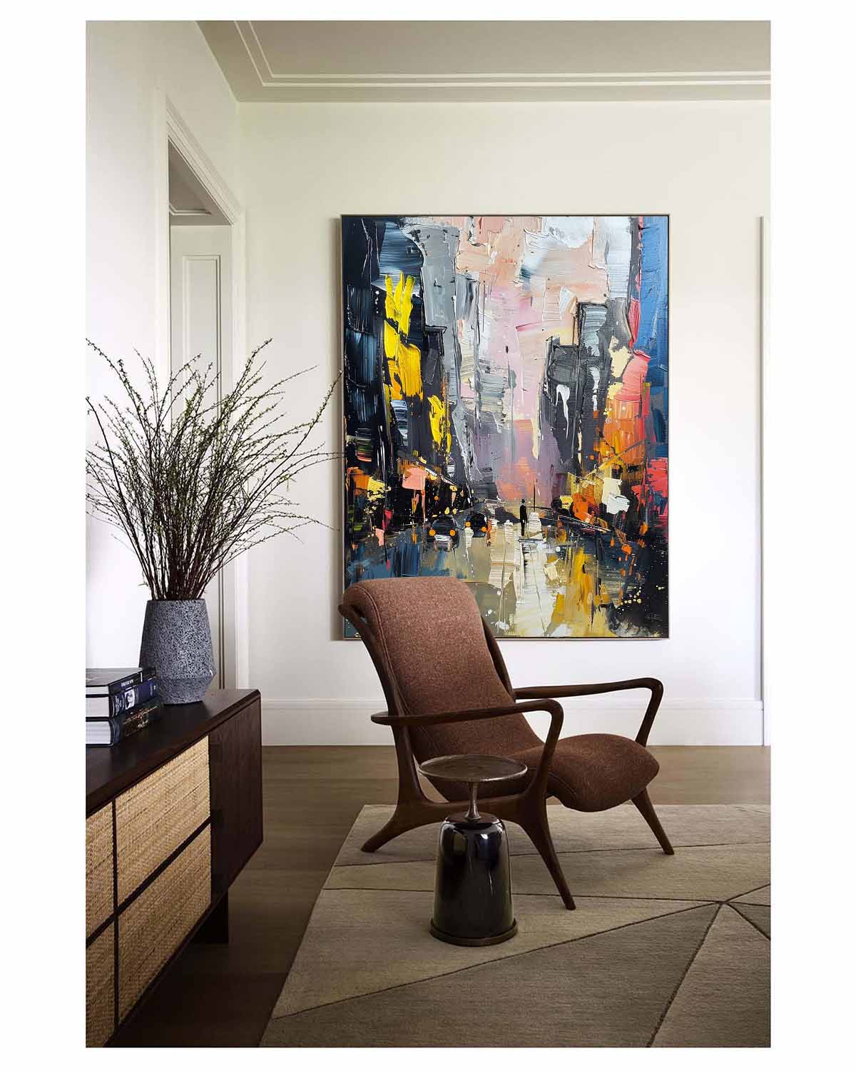 Eye-catching abstract geometric impasto artwork creating an elegant statement wall over a master bed setup