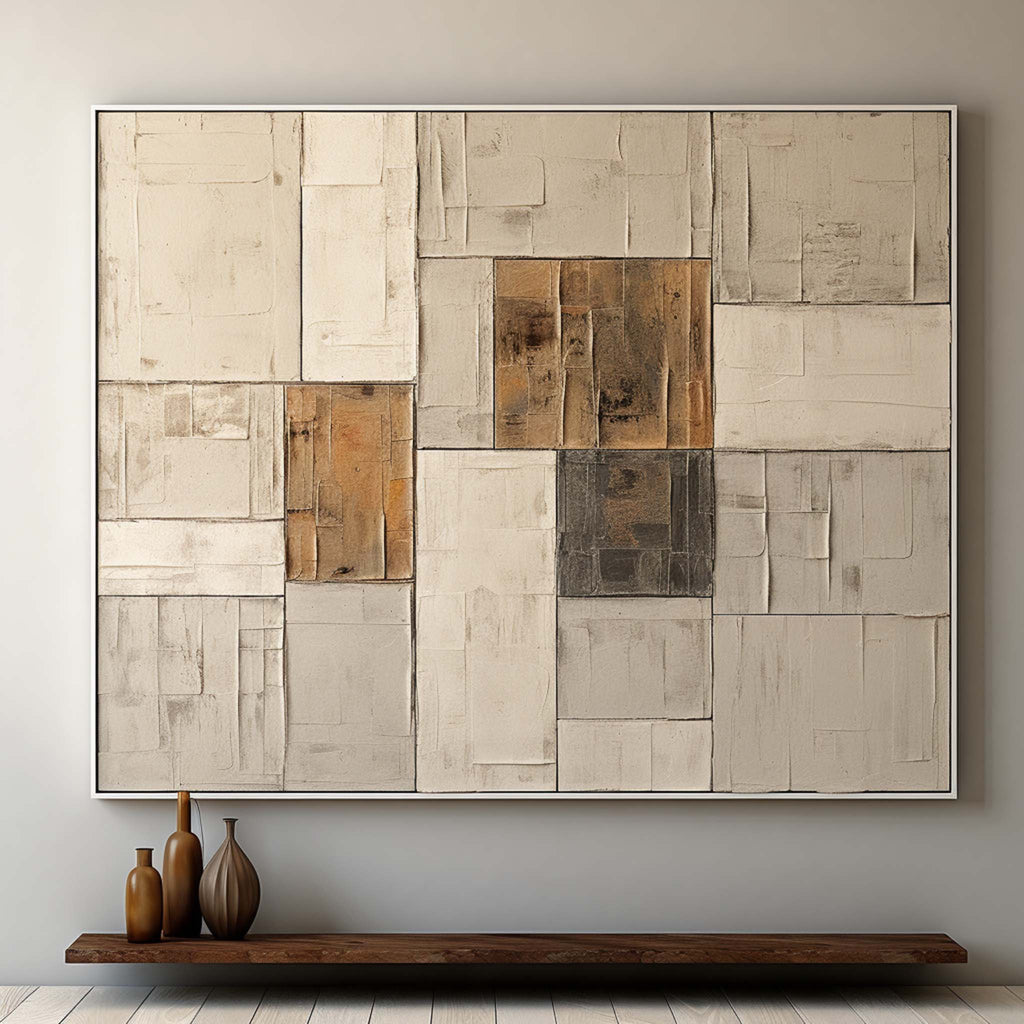 Close-up macro detail of heavy texture plaster artwork showing exquisite geometric square relief and rustic finish
