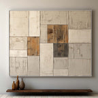 Close-up macro detail of heavy texture plaster artwork showing exquisite geometric square relief and rustic finish