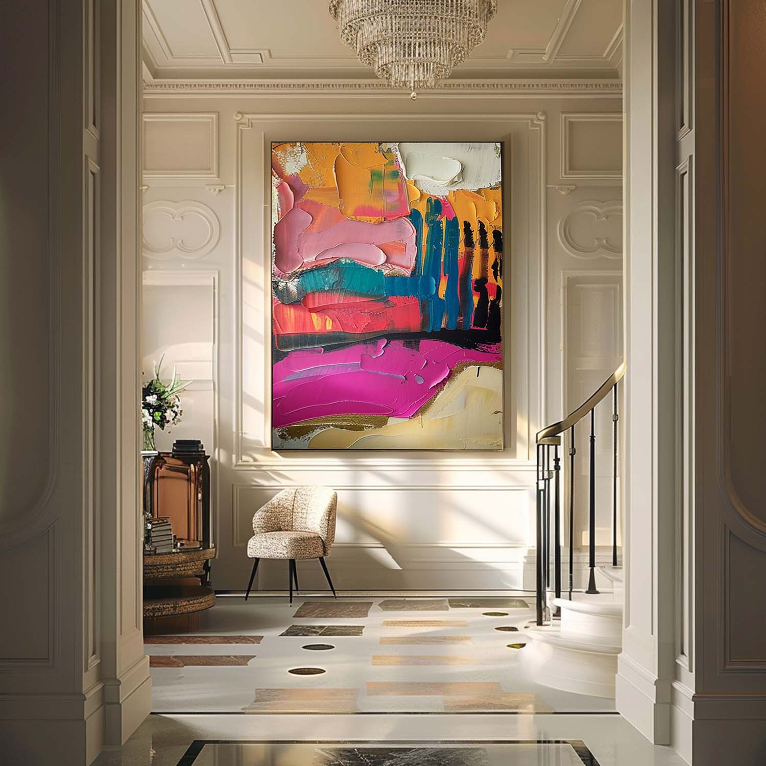 Large abstract colorblock canvas painting perfectly styled above a comfortable sofa in a sunlit modern living room