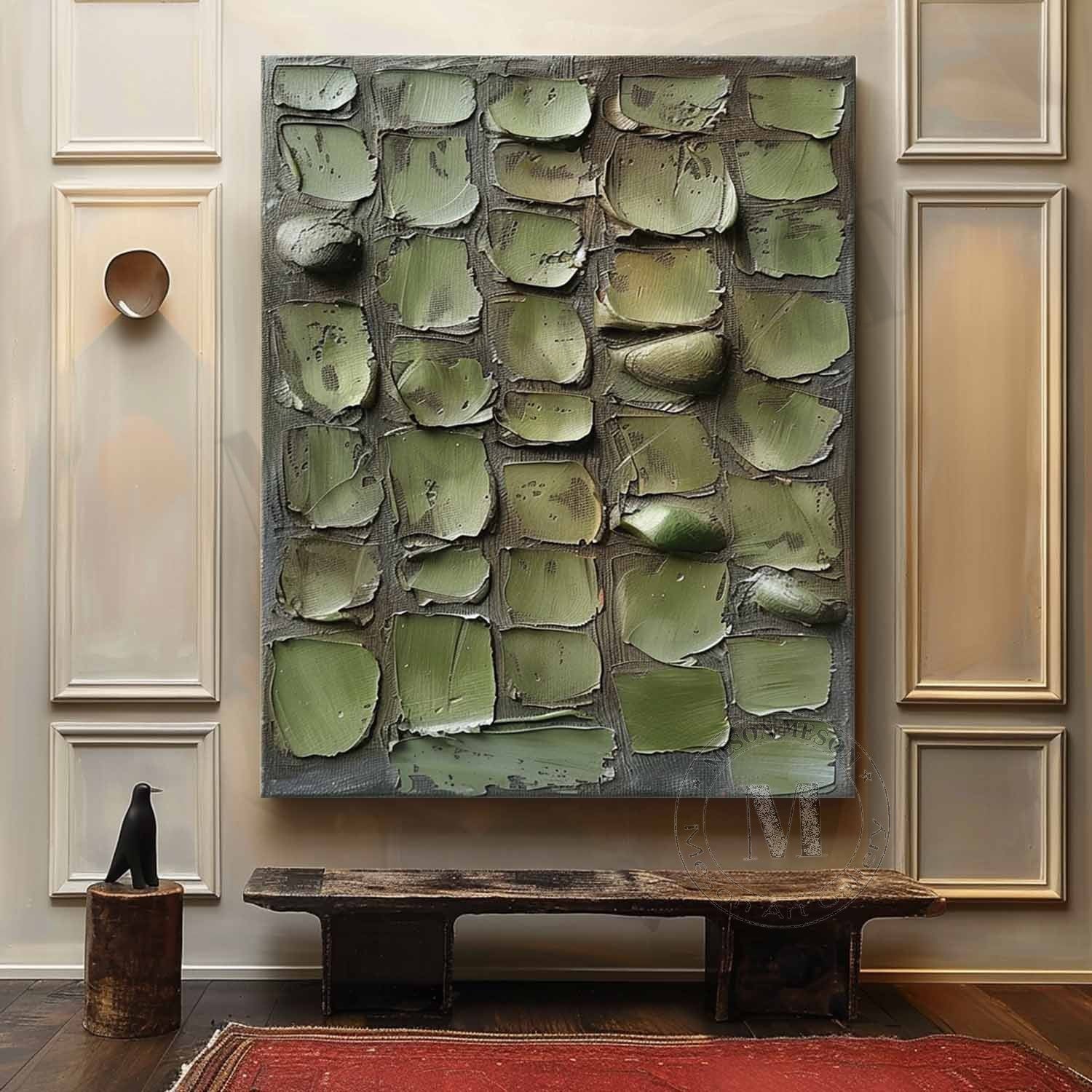 Modern organic sage green heavy texture painting creating a calm nature inspired aesthetic over a bedroom bed.