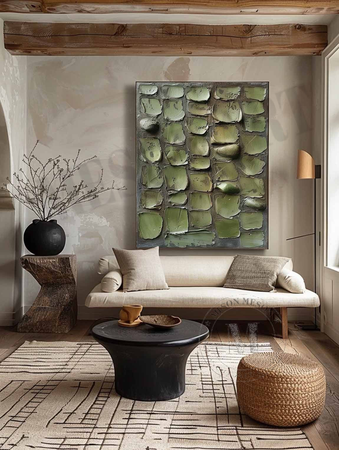 Contemporary textured plant motif art piece enhancing the gallery wall of a sleek dining room area.
