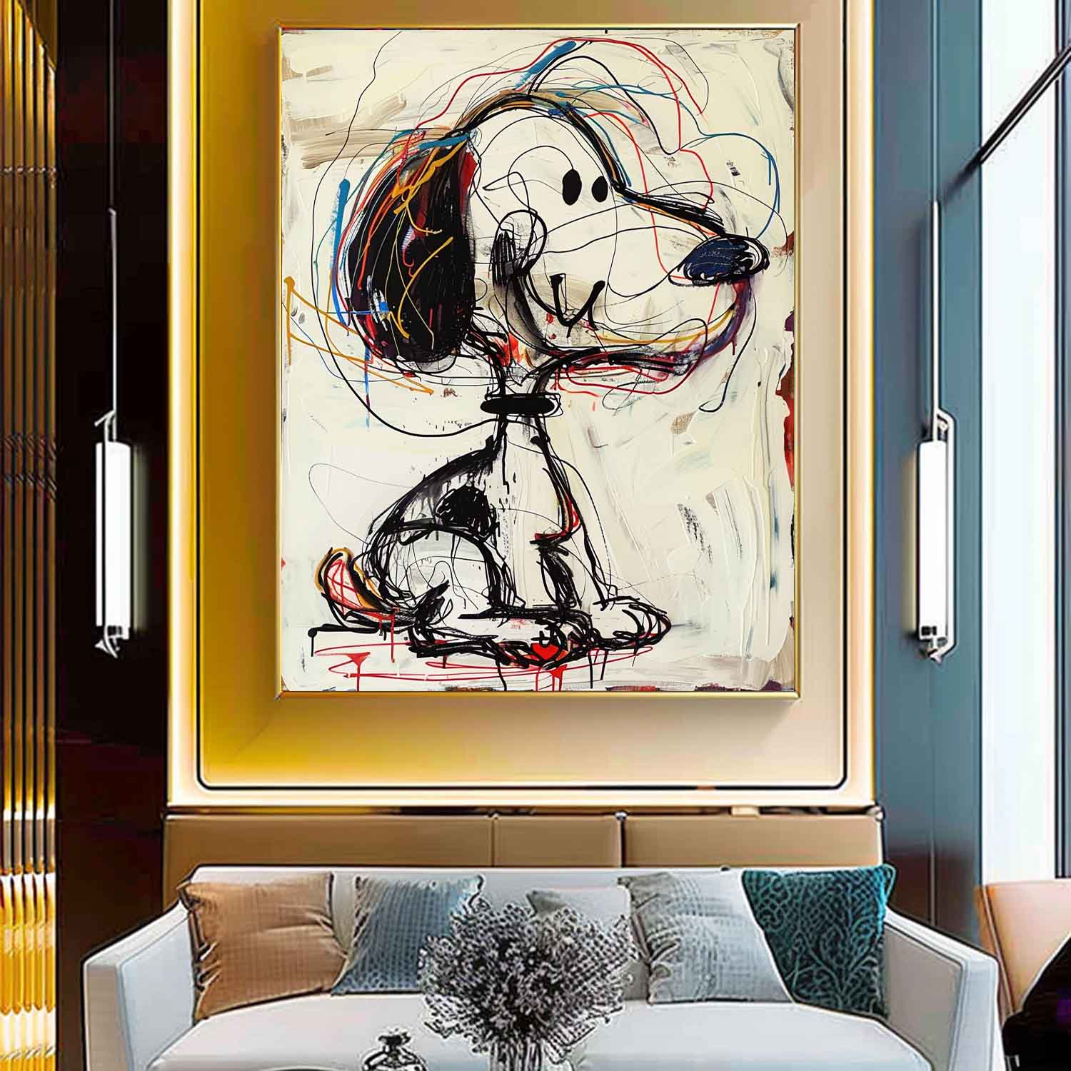 Trendy high-end bedroom decor featuring cartoon character inspired abstract art from pargeart.com