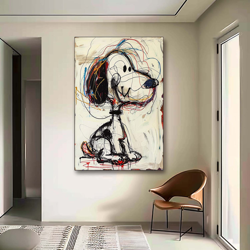Colorful abstract dog graffiti wall hanging inside a creative office or luxury playroom