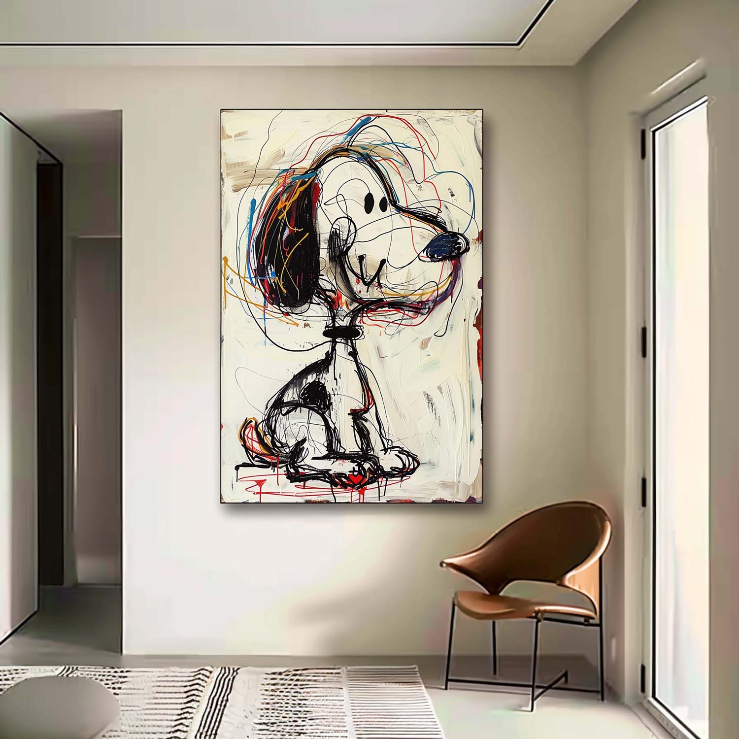 Colorful abstract dog graffiti wall hanging inside a creative office or luxury playroom