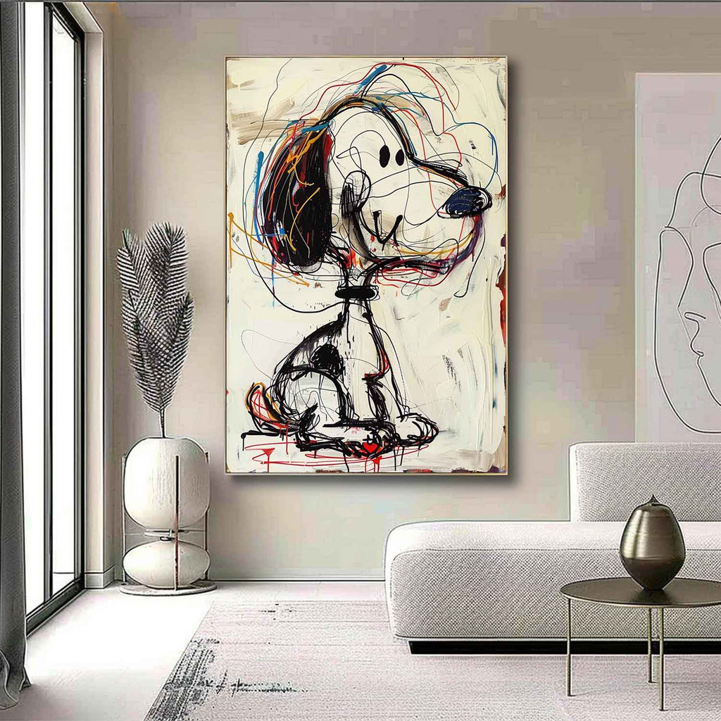 Framed whimsical doodle line art drawing displayed on a minimalist entryway gallery wall