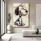 Framed whimsical doodle line art drawing displayed on a minimalist entryway gallery wall