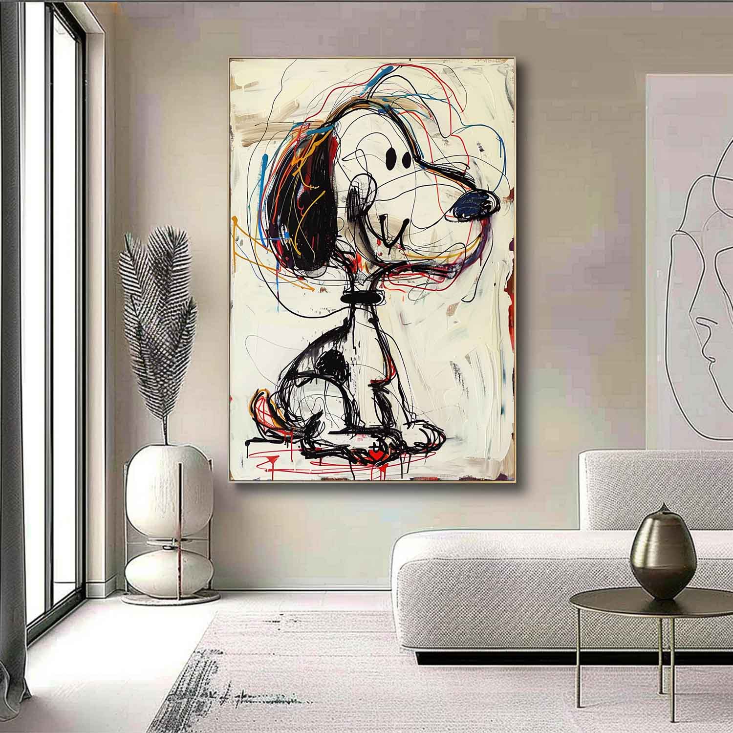 Framed whimsical doodle line art drawing displayed on a minimalist entryway gallery wall