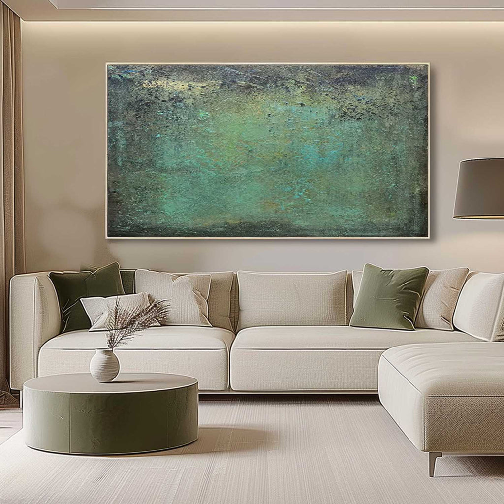 Sophisticated heavy textured panoramic green artwork adding deep inspiration and organic design to a home office.