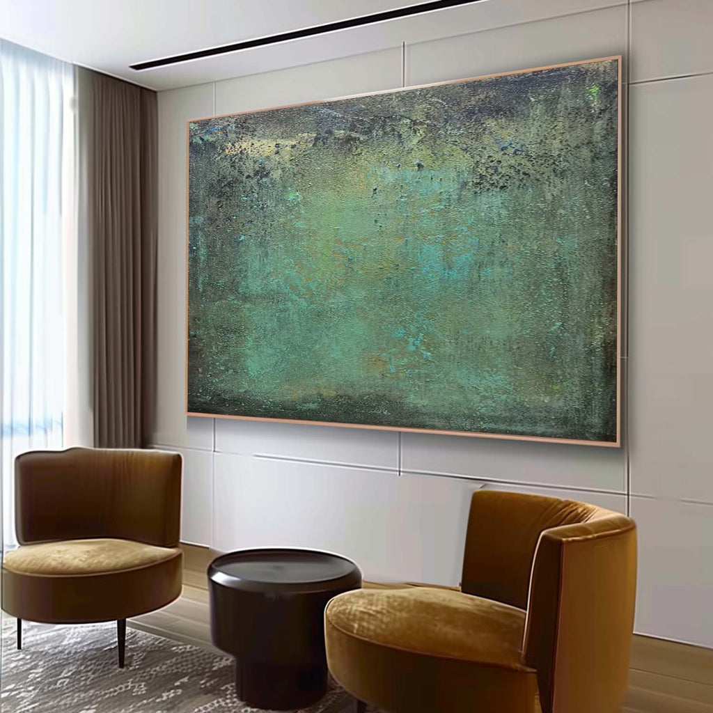 Contemporary minimalist emerald green art piece enhancing a sleek, neutral toned dining room gallery wall.