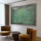 Contemporary minimalist emerald green art piece enhancing a sleek, neutral toned dining room gallery wall.