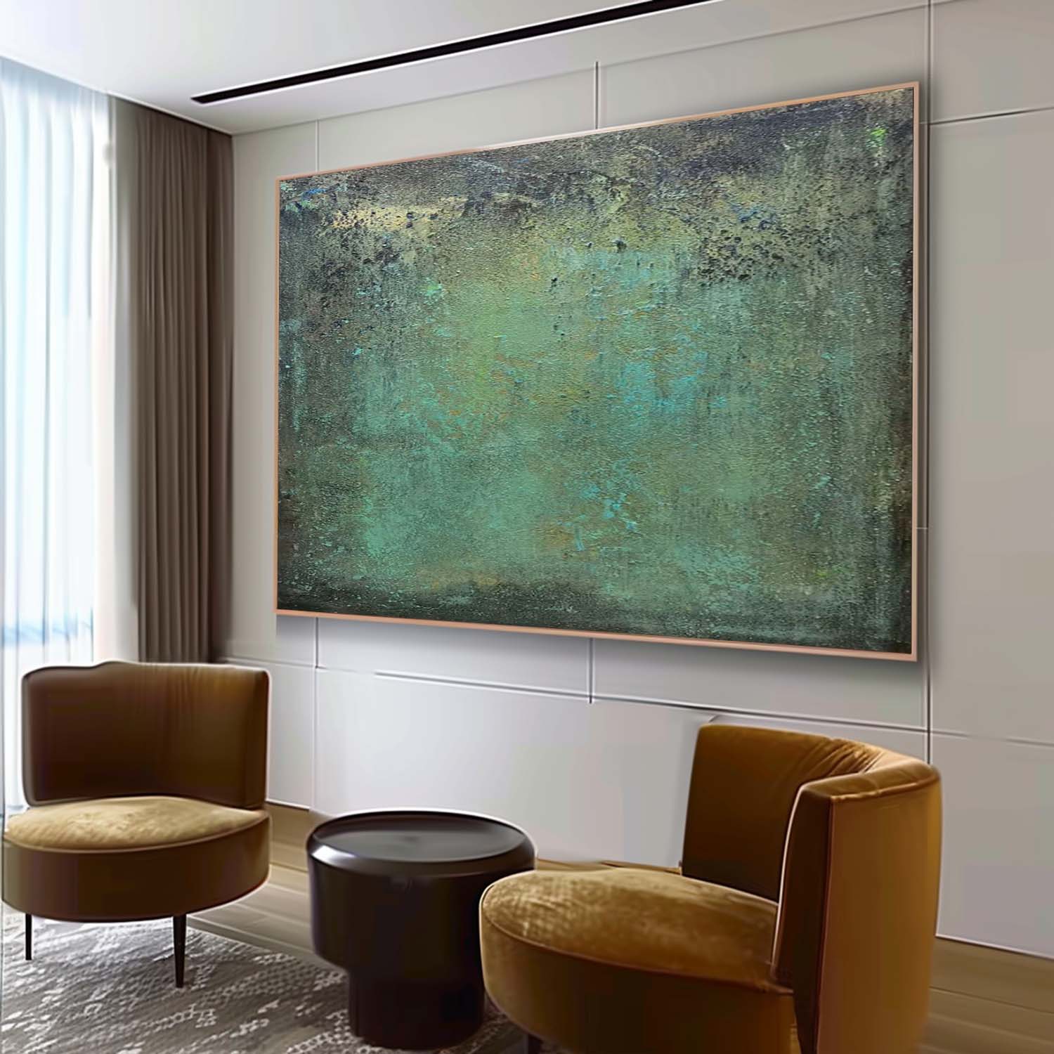Contemporary minimalist emerald green art piece enhancing a sleek, neutral toned dining room gallery wall.