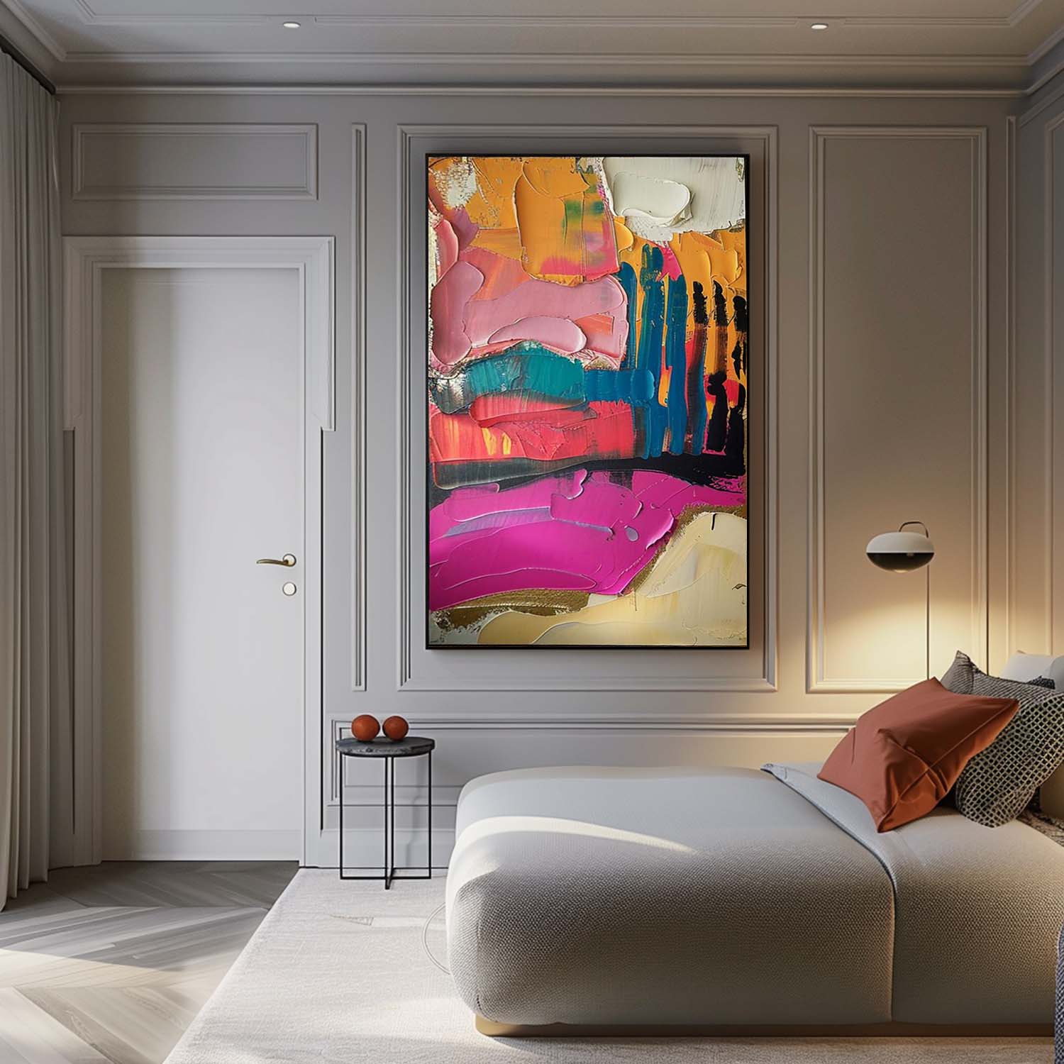 Contemporary bright abstract oil artwork mounted as a stunning focal point in a minimalist entryway with gallery lighting