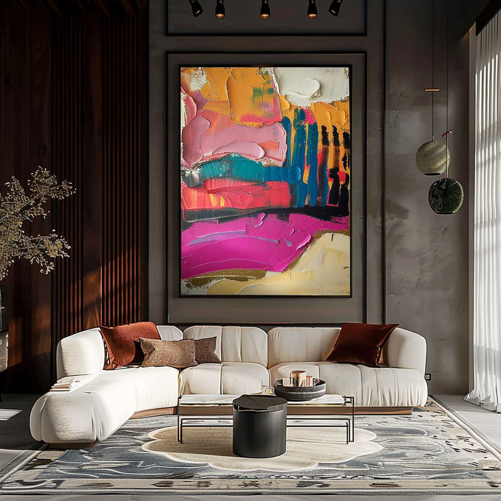 Vibrancy multi-colored heavy texture plaster relief painting beautifully displayed in an upscale dining space near the table