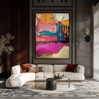 Vibrancy multi-colored heavy texture plaster relief painting beautifully displayed in an upscale dining space near the table