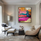 Eye-catching pink and orange geometric impasto artwork creating an elegant statement wall over a master bed setup