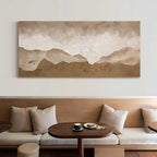 Modern beige and brown heavy texture sea wave painting creating a serene aesthetic over a master bedroom bed.