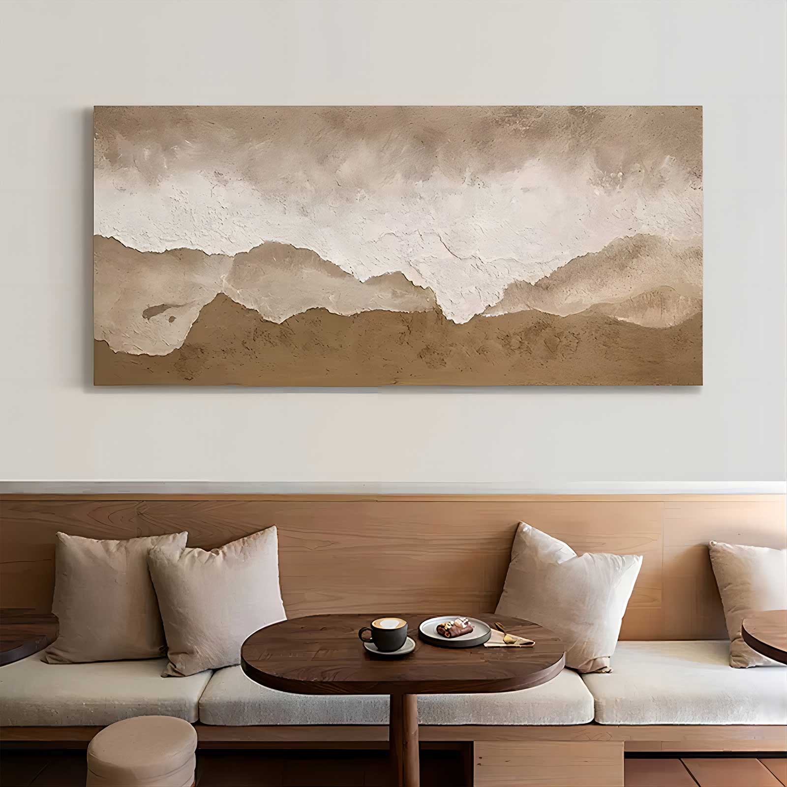 Modern beige and brown heavy texture sea wave painting creating a serene aesthetic over a master bedroom bed.