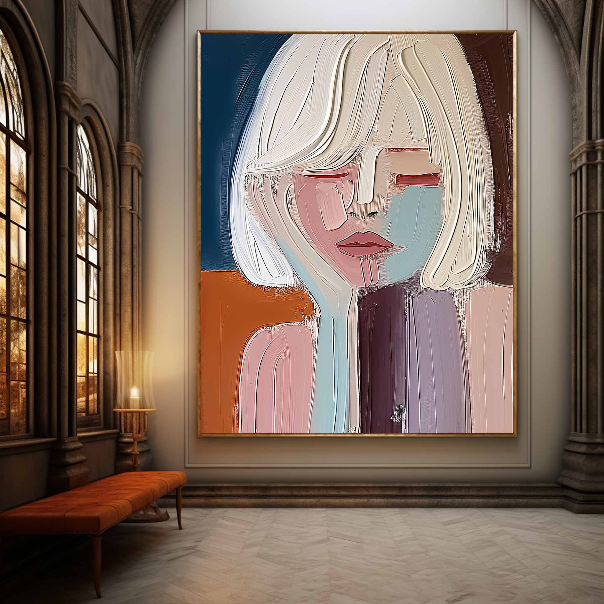 Feminine line abstract profile artwork hanging on a neutral tone entryway gallery wall