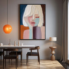 Framed hand-painted contemporary expressionist figure painting styled in a luxury modern dining room