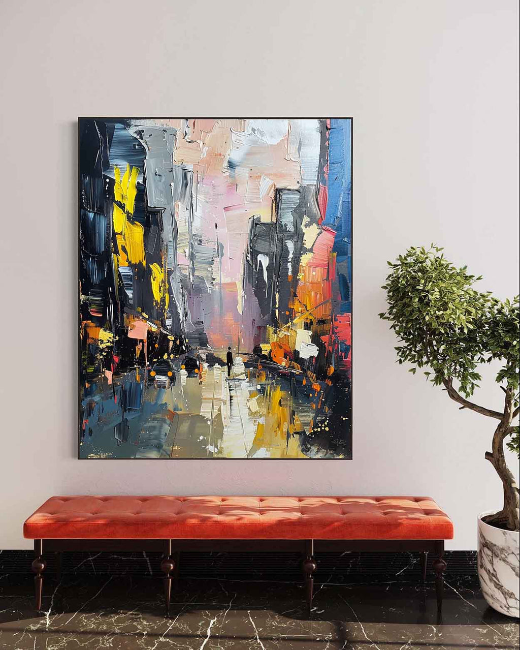 Contemporary bright abstract texture artwork mounted as a stunning focal point in a minimalist entryway with gallery lighting