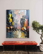 Contemporary bright abstract texture artwork mounted as a stunning focal point in a minimalist entryway with gallery lighting